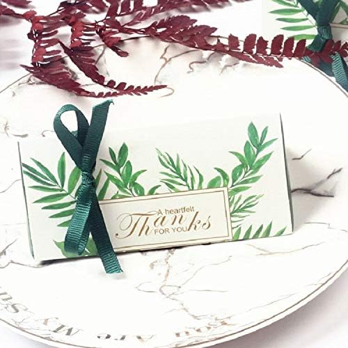 LASLU Marble Favor Boxes, Silver Wedding Favor Boxes and Decoration. Hexagonal Wedding Candy Favor Boxes with Ribbons for Wedding and Bridal Shower Party (50pcs, Green Leaves)