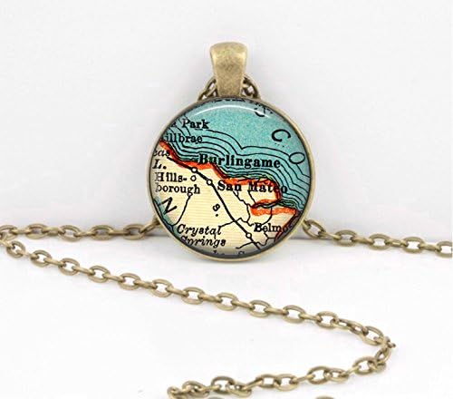 Burlingame California SF Bay Area Map Pendant Necklace Key Ring