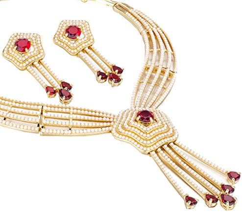 Janeojewels Stylish 4 Piece Pearls &amp; Czech Crystals Jewellery Set. Emerald and Ruby Red Crystals with Ivory Pearls Filigree Contemporary style Necklace, Bracelet, Earrings,Ring.14KGold.Christmas Gift