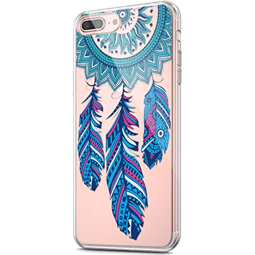 ikasus Case for iPhone 8 Plus/iPhone 7 Plus Case,Clear Art Panited Design Soft Flexible TPU Ultra-Thin Transparent Flexible Soft Rubber Gel TPU Protective Case Cover,Blue Feather dream catcher