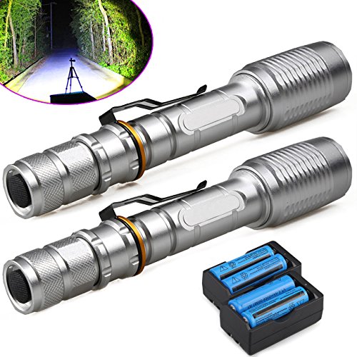 FlashDealer Waterproof Flashlight, 2 PC 5 Modes 3000 Lumens T6 LED Flashlight Torch Light Zoomable Flashlight + 18650 Battery + Dual Charger