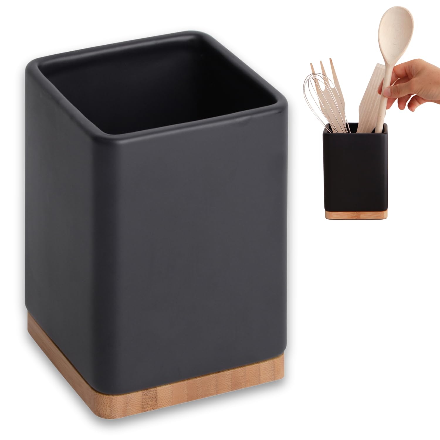 KOOK TIME Ceramic Utensil Holder with Bamboo Base | Square Kitchen Utensil Pot for Ladles, Spatulas and Cutlery | Matt Black, 10.5 x 10.5 x 15 cm