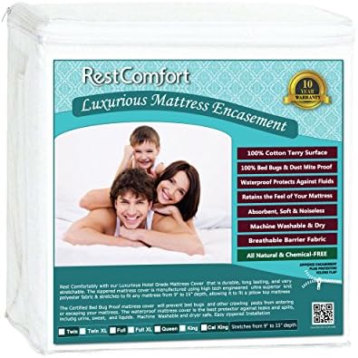 Rest Comfort Zippered Mattress Protector and Encasement - Dust Mite and Bed Bug Proof with Cotton Terry Top - Hypoallergenic and Water Resistant (Twin XL, Stretches 9”-15 Depth)