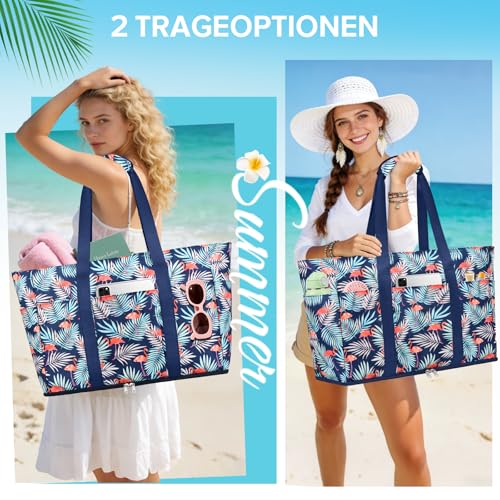 LUROON Large Women's Shoulder Bag, Corduroy Tote Bag with Zipper and Various Pockets University Bag Work Bag for Work Beach Travel School, Navy Blue Flamingos