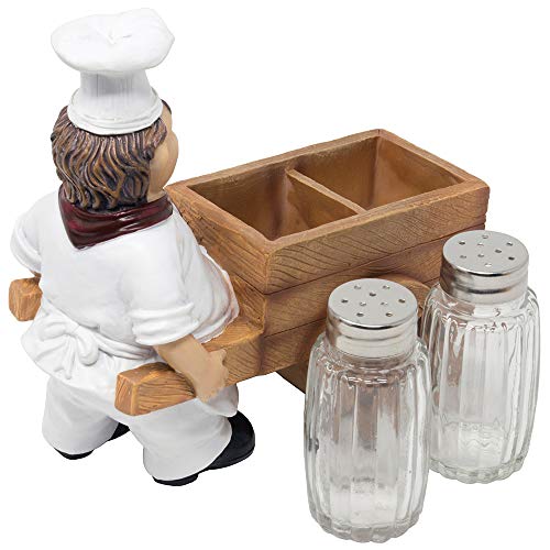 French Chef Pierre Pushing Faux Wooden Cart Salt and Pepper Shaker Set Display Stand Figurine for Decorative Diner Dining Room Table Centerpieces or Kitchen Décor Spice Racks As Wedding Gifts - Thumbnail 2