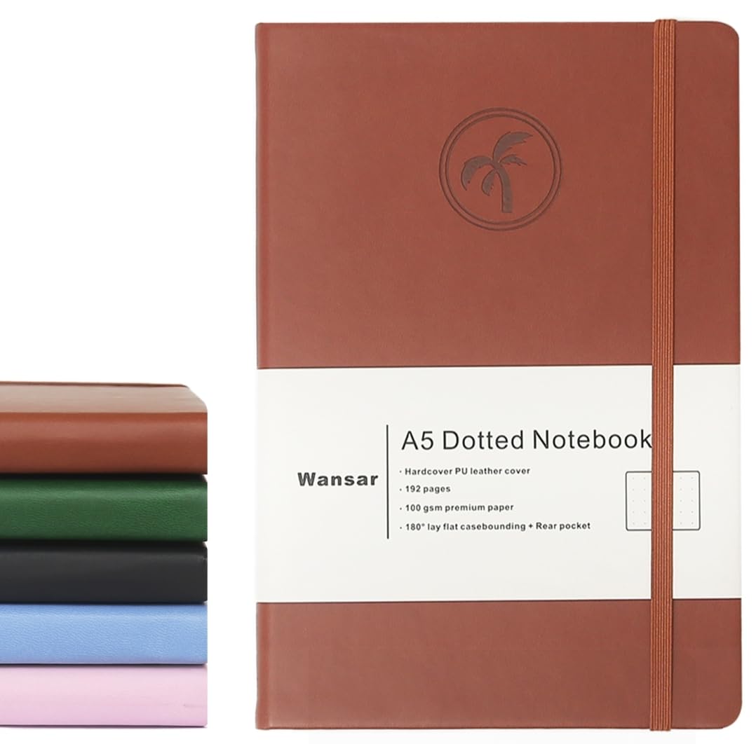 WANSAR Dotted Notebook A5 - Elegant Hardcover - 100 GSM Ink Proof Paper with 192 Pages - 8.3-5.5 inches -A5 Bullet Dotted Journal is Perfect for Sketching, doodling & Notes Keeping (Brown)