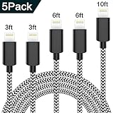 TNSO MFi Certified Phone Cable 5 Pack [3/3/6/6/10FT] Extra Long Nylon Braided USB Charging & Syncing Cord Compatible Phone Charger X/8/8Plus/7/7Plus/6S/6S Plus/SE/Pad/Nan More(Black and White)