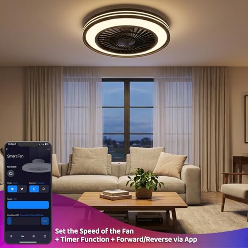 WUTGHUI RGB Ceiling Fan with Light - APP & Remote Dual Control, 20 Inch Low Profile Ceiling Fan 6 Speeds 3000-6000K Dimmable for Bedroom