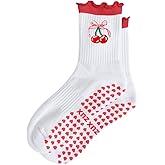 Puedizux Women Cute Pilates Socks Grip Crew Yoga Socks Ruffle Cuff Embroidery Pattern Workout Ballet Socks