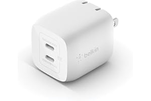 Belkin 45W Dual USB-C Wall Charger, Fast Charging Power Delivery 3.0 w/ GaN Technology for iPhone 15, 15 Pro, 15 Pro Max, 14, 13, Pro, Pro Max, Mini, iPad Pro 12.9, MacBook, Galaxy S24, & More - White
