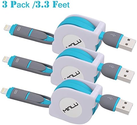 Minlu 3 Pack 3.3Ft Retractable Lightning to Micro USB Charging and Sync 2 in 1 Cables for iPhone, iPad, iPod Touch/Nano, Android, Samsung /HTC/blackberry/ Motorola/Sony/LG &amp; more