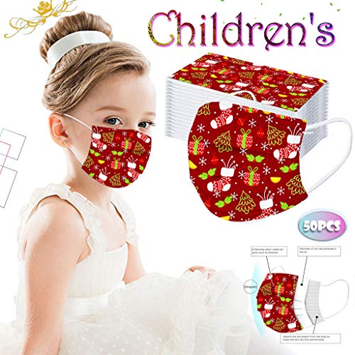 Ahagogo 50Pcs Christmas Cute Disposable_Face_Masks with Package, Clean 3-ply Face Mouth Protection Pads for Children,High Filtration and Ventilation Security