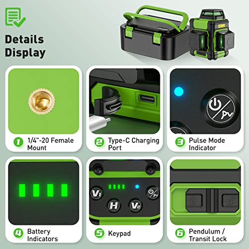 Huepar Green Laser Level 3×360° Self-Leveling with Rechargeable Li-ion Battery, 30-60m Cross Line Laser with Pulse Mode, Magnetic Base - Precision Pro for Construction & DIY