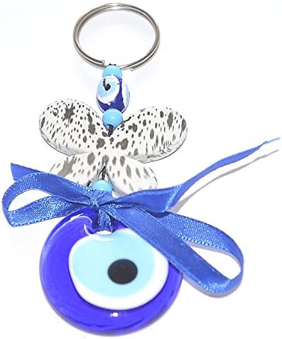 EVIL EYE KEYCHAIN WITH LARGE EVIL EYE BEAD , BUTTERFLY AND BLUE RIBBON BOW (nazar hamsa keychain). HAND MADE DANGLING EVIL EYE FOR KEYS OR TO HANG FROM DOOR TO KEEP EVIL SPIRITS AWAY