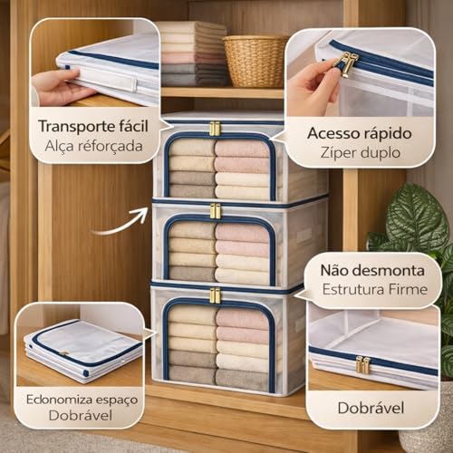 Caixa Organizadora Impermeavel Premium Organizador de Roupas Cobertas Edredons com Ziper Duplo 24, 66 e 100 Litros, Dobravel Empilhavel Estrutura Reforcada Transparente Closet Guarda Roupas 100 Litros