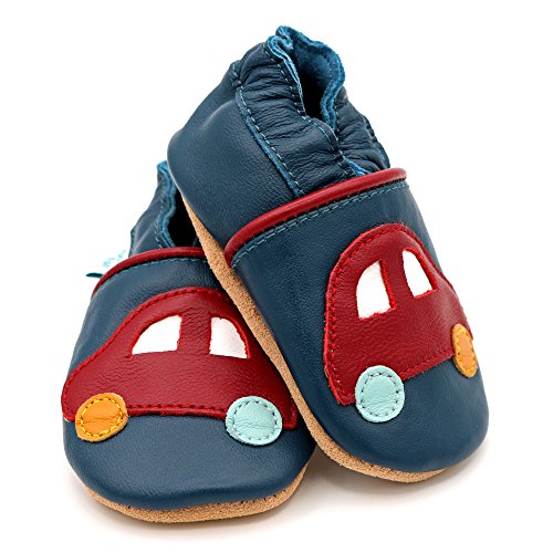 Dotty Fish - Boys Soft Leather Baby & Toddler Shoes with Suede Soles - Navy & Red Car - 18-24 Months (US Child Size 7.5)