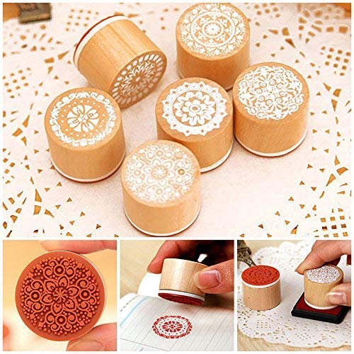 12Pcs Wooden Stamps Floral Pattern Rubber Stamp Round and Square Lace Wooden Rubber Stamp for Scrapbooking and DIY Craft Card