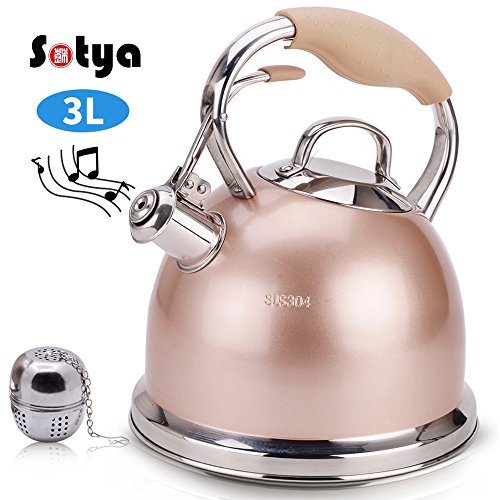 Sotya Best Teakettle Tea Kettle Pot Whistling Stainless Steel stove top Teapot 2.75 Quart Stovetop Kettle with Multi-layer capsule bottom Champagne Color detachable anti-hot gloves