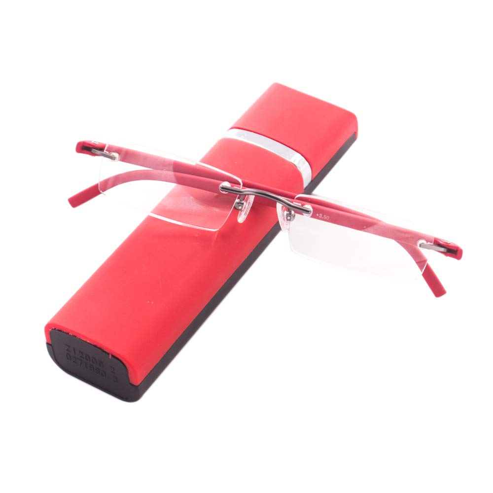 Ultralight TR90 frameless reading glasses with glasses case reading aid for women and men (red, + 3.5)