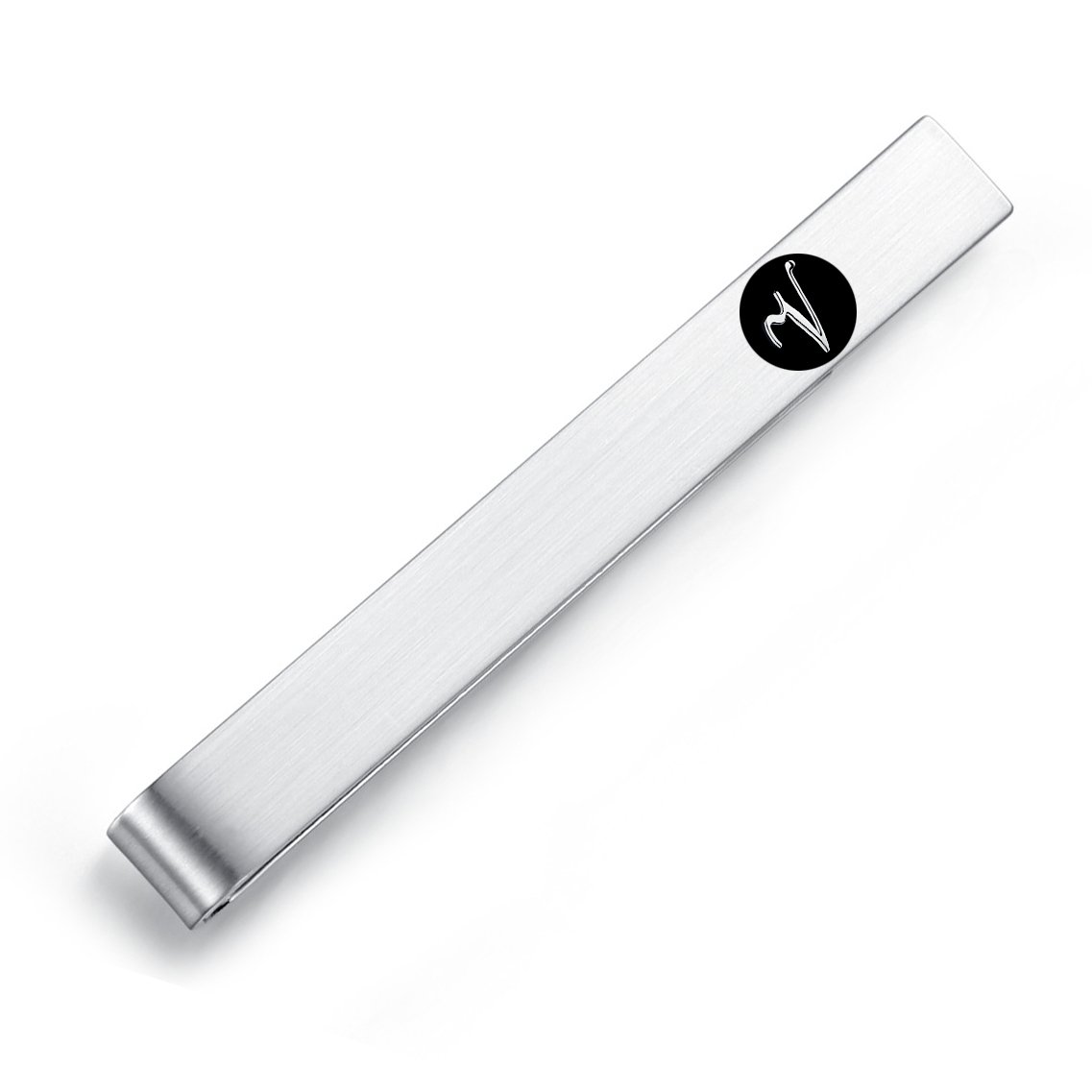 Honey Bear Mens Initial Alphabet Letter Tie Clip Bar - Normal Size Stainless Steel For Business Wedding Gift,5.4cm,Brushed Silver with Black A - Z (V)