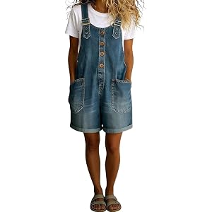 chouyatou Women's Y2K Denim Shortalls Button Front Wide Leg Loose Bib Jean Overalls Shorts Romper Jumpsuits