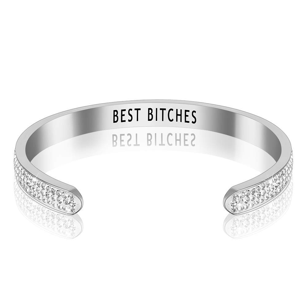 LucBuy Diamond Cuff Bracelets, Stainless Shining Bling Bling Steel Cuff Bangle Engraved ‘BEST BITCHES’ High Polished Jewelry Bracelet for Women Girls