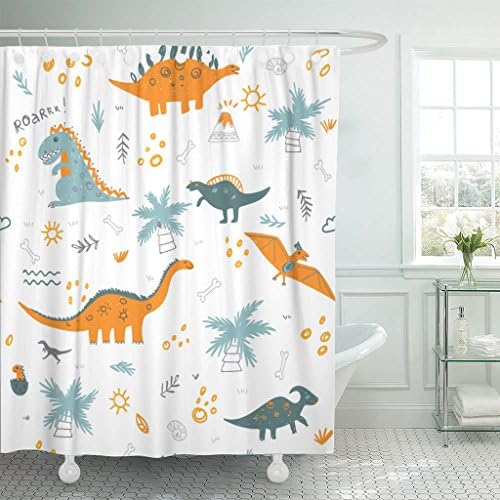 Breezat Shower Curtain Childish Pattern with Colorful Dinosaurs Vulcan Palm Tree Shell Can Be Printed and Used As Waterproof Polyester Fabric 72 x 78 Inches Set with Hooks