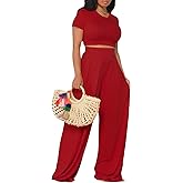 YouSexy Casual Summer 2 Piece Outfits for Women Short Sleeve Crop Top High Waist Wide Leg Pants Sets