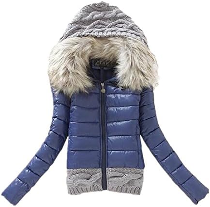 WarmFire Women's winter cotton coat fur collar hooded short jacket Parka outwear Deep Blue