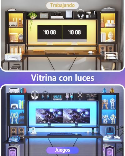FL FASHION LEADER Escritorio Gamer 190cm Escritorio para Computadora con Luces LED Escritorio Minimalista con Soporte para Monitor, Mesa de PC con Estantes Negro