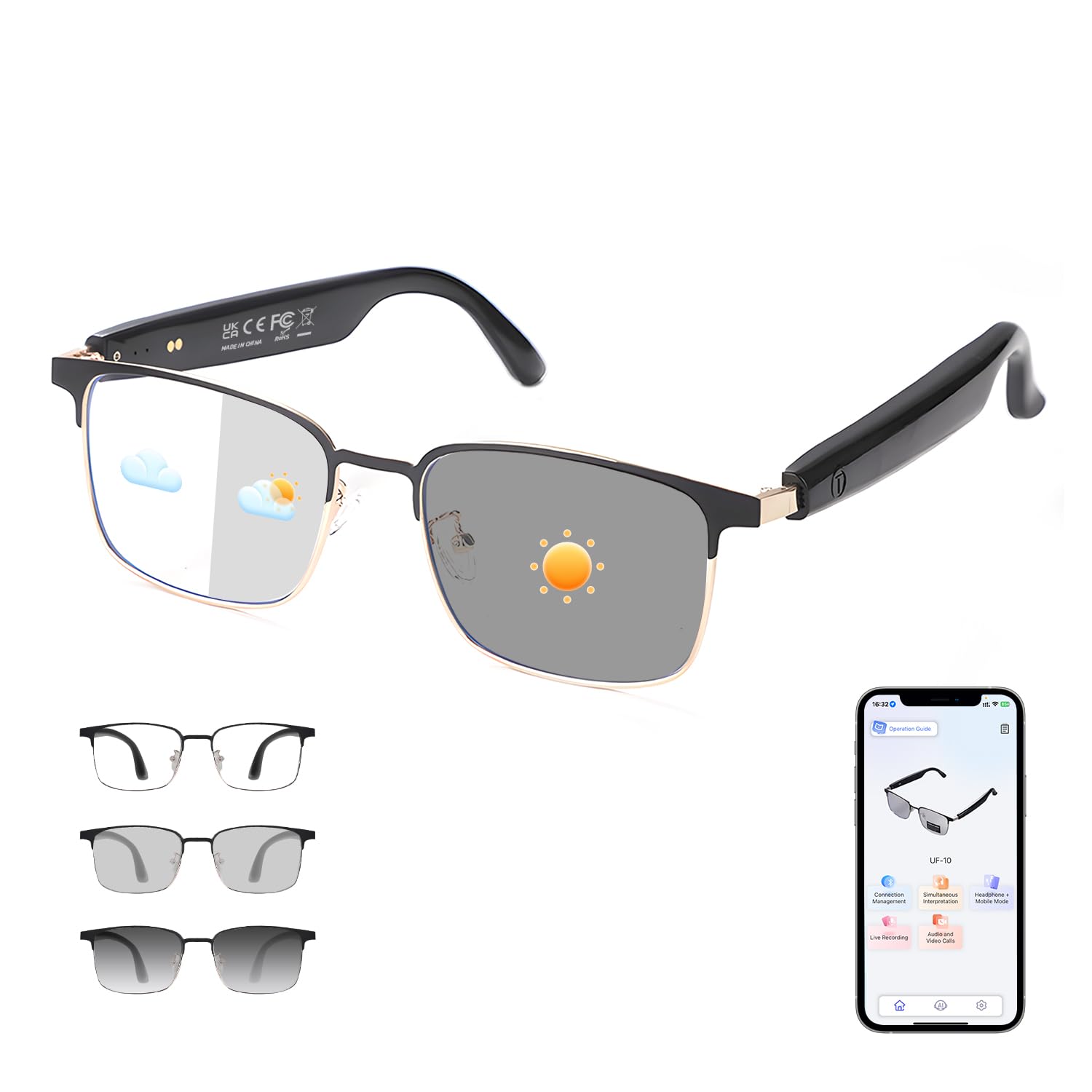 Photo 1 of Tulbeys Smart Glasses Open Ear, AI Glasses Real-Time Translation, Color Change Lenses, Polarized Sunglasses Bluetooth, Voice Assistant, Mic Speakers for Men Women, Support for 165+ Languages (Gold)