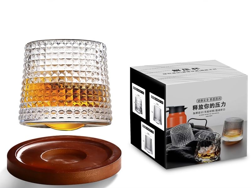 Photo 1 of 1 pcs Whiskey Glasses Set Rotatable Old Fashioned Glasses with Creative Walnut Coasters, Whiskey Gifts for Men Husband Father's Day, Bourbon Glass Cups for Drinking Cocktails (Diamond style)