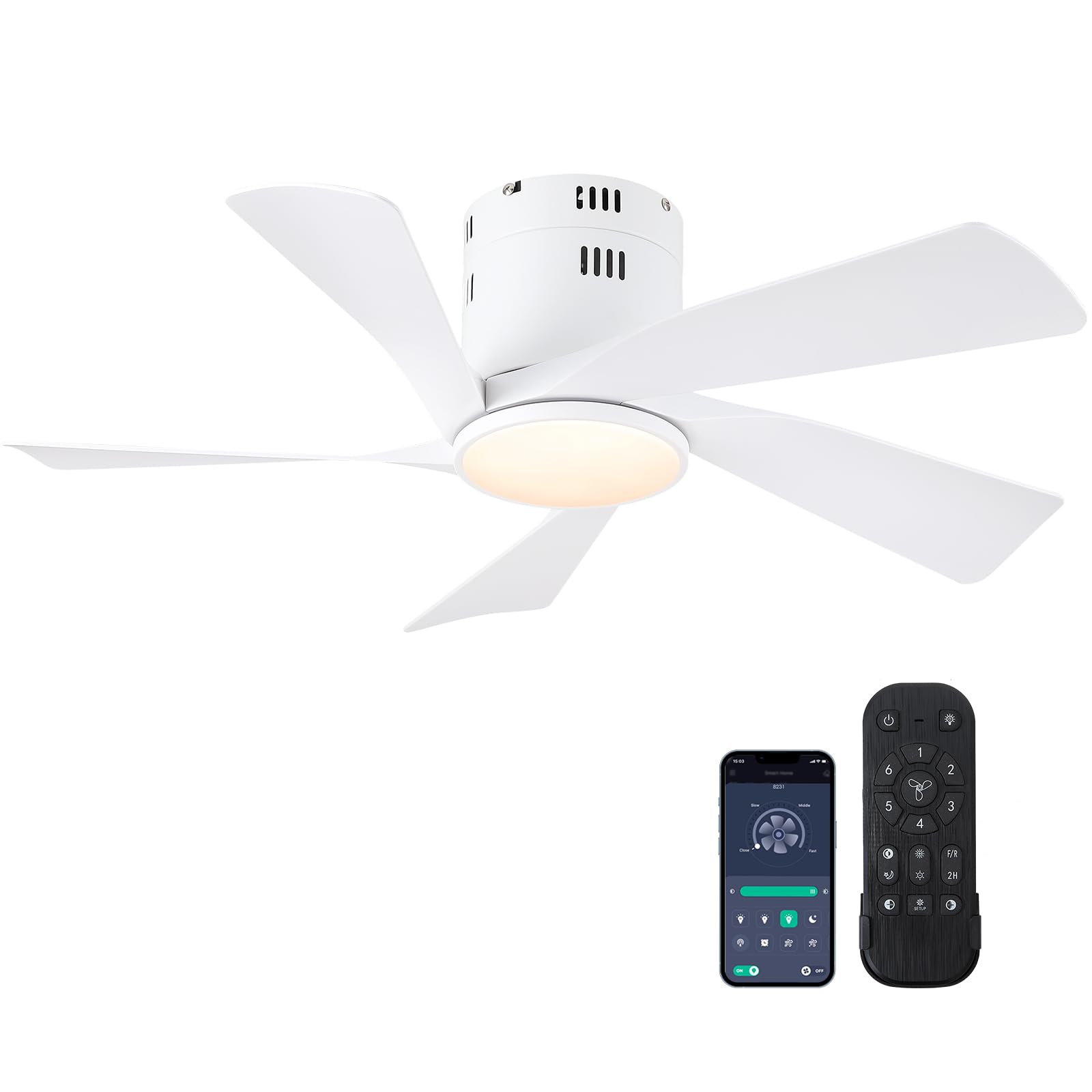 Photo 1 of CHESUR 36" Flush Mount Ceiling Fan - White Low Profile Ceiling Fans with Lights and Remote/APP, 6 Speeds and Reversible 5 Fan Blades, Indoor Modern Ceiling Fan LED Light for Bedroom, Small Spaces