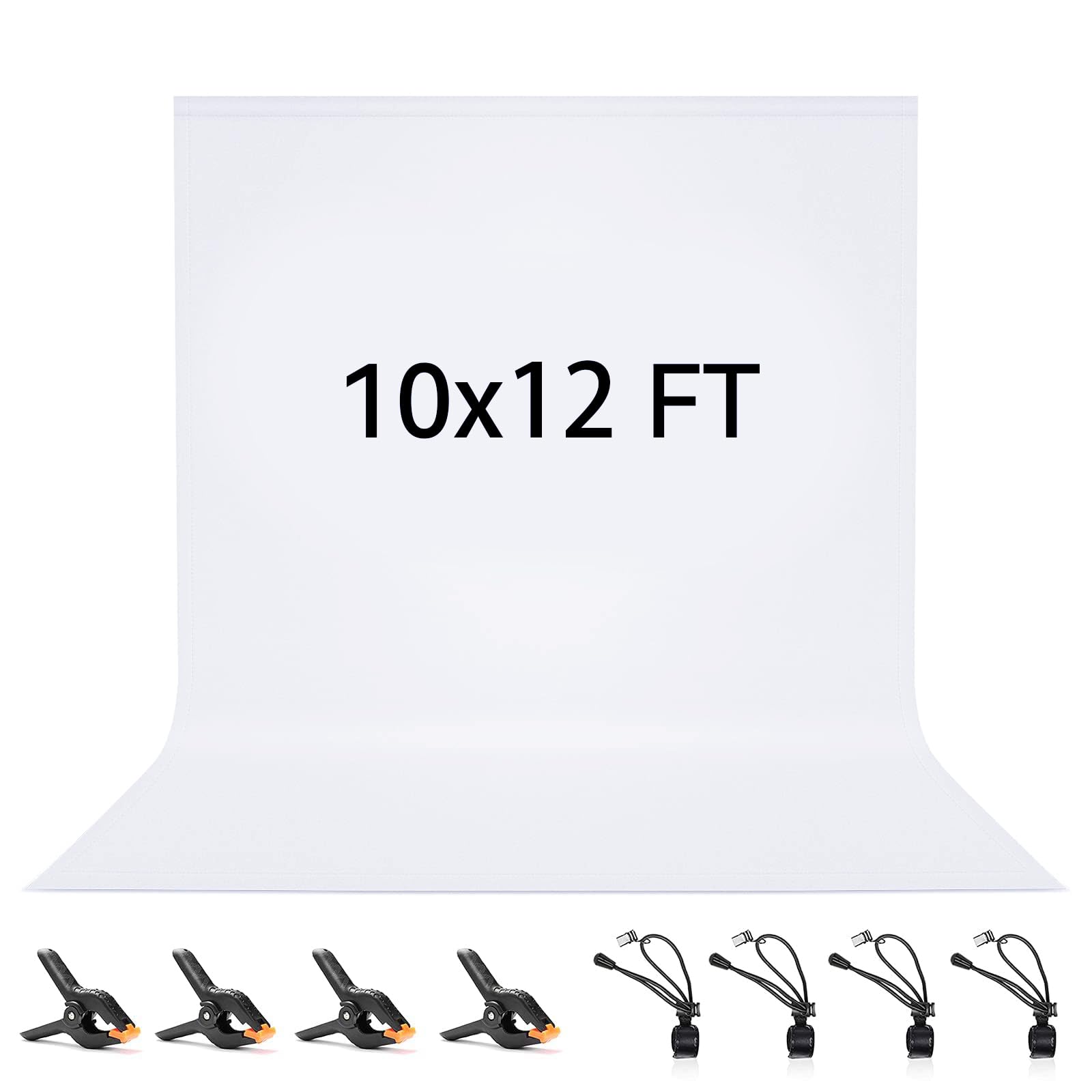 White Backdrop 3 x 3.6 M / 10 x12 FT, Vevelux 100% Polyester Photography Background with 4 Spring Clamps & 4 Anti-Wrinkle Backdrop Clips Foldable Washable White Screen for Studio Photo Video Shooting