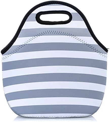 Insulated Neoprene Lunch Bag For Girls Kids Teens Women. Washable Reusable Soft Lunch Tote | Adult Lunch Box For Work Picnic Travel Gym | Great For Gifts | Grey White Stripes