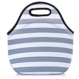 Neoprene Lunch Bag, Eco- Friendly Lunch Tote Bag For Women And Adults. Waterproof Insulated Travel Cooler Lunch Box-Gray White Stripes