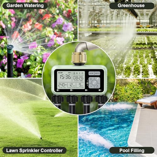 Watering Timer 4 Zone with Brass Inlet, Sprinkler Timer, Programmable Garden Outdoor Hose Faucet Timer with Rain Delay, Auto & Manual Watering System for Garden Lawn