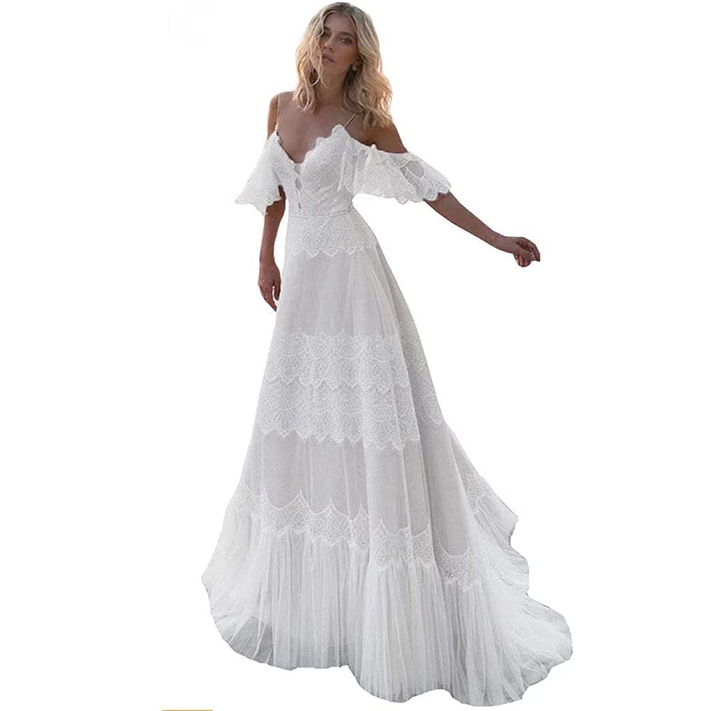 Photo 1 of Sorayan Women's Wedding Dresses Chic Lace Evening Dresses V Neck Ruffle Sleeves Beachy Boho Outdoorsy Wedding Gowns(White,XXX-Large)