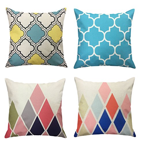 LAZAMYASA 4 Pack 18 x 18in Colorfull Geometric Stripe Vintage Style Cotton Linen Square Throw Pillow Case Decorative Cushion Cover Pillowcase for Sofa,Bed,Chair(18x18inch, pattern 7)