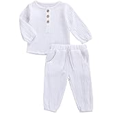 Karuedoo Toddler Baby Boy Girl Cotton Linen Pants Set Solid Long Sleeve T Shirt Top Drawstring Elastic Waist Pants Outfit