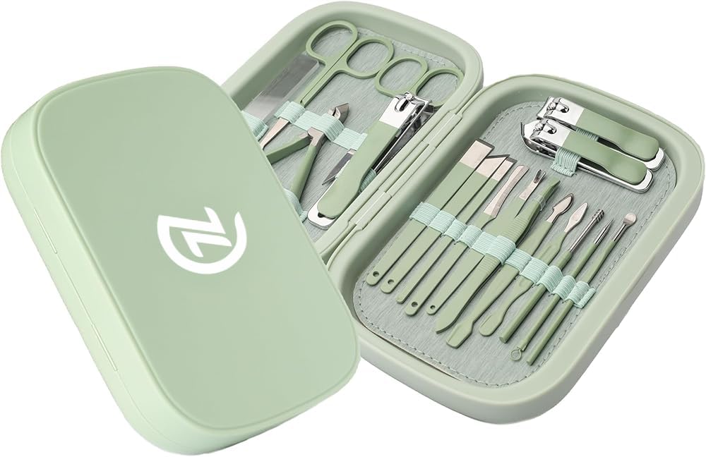 CAZURA 18 Piece Manicure Set, Professional Stainless Steel Nail Care Tools, Portable Professional Grooming Kit, For Friends & Family, For Men & Women (Green)