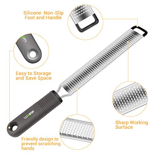 Cheese Zester, LUXEAR Lemon Grater Stainless Steel Sharp Chocolate Zester with Non-Slip Silicone Handle Dishwasher Safe, Professional Zest Tool for Ginger Garlic Nutmeg Chocolate with Protective Cover