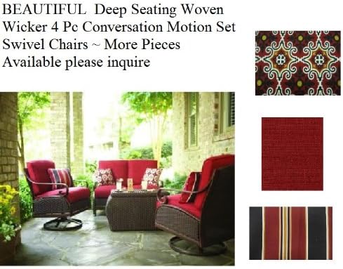 GORGEOUS!!! OUTDOOR WOVEN WICKER DEEP SEATING CONVERSATION CHAT SET W/ RED CUSHIONS