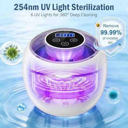 Pulitore ultrasuoni, 45000Hz con 6 luci UV, ultrasonic cleaner ricaricabile con 4 modalità. Per retenitori, protesi, brackets, allineatori, impianti e gioielli in argento