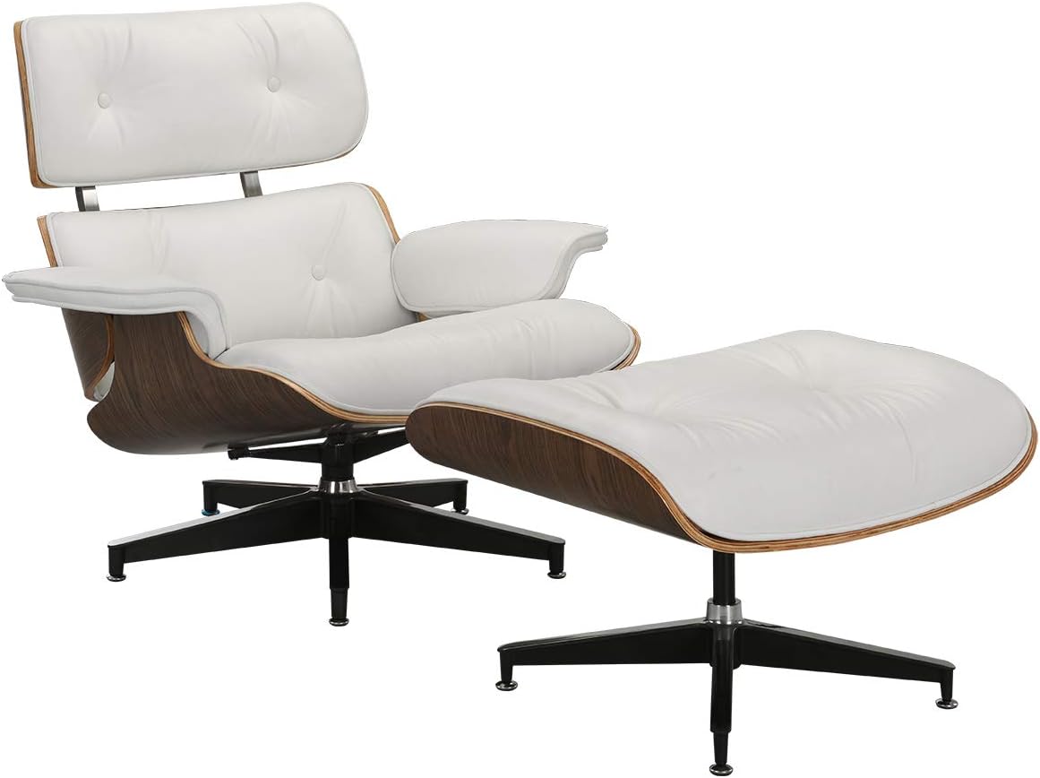 Mid Century Modern Swivel Lounge Chair and Ottoman - Eames Style (White)