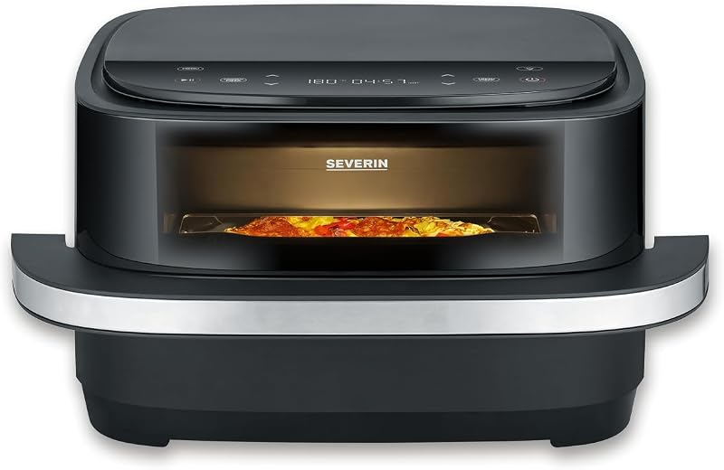 Friggitrice ad aria calda Pizza & More, programmi per pizza, 10 programmi di cottura, distribuzione ottimale del calore, forma extra larga, con finestra di visualizzazione, 4 l, 2100 W, nero