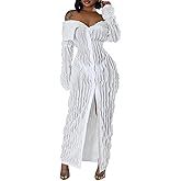 Yuopeid Women's Elegant Long Sleeve Off Shoulder Mesh Wavy Ruffle Front Slit Bodycon Maxi Beach Party Cover Up Dress