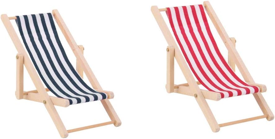 ButyYI 2 Pieces Miniature Foldable Wooden Beach Chair with Stripe Red/Blue Fit for 1:12 Miniature Dollhouse Decoration