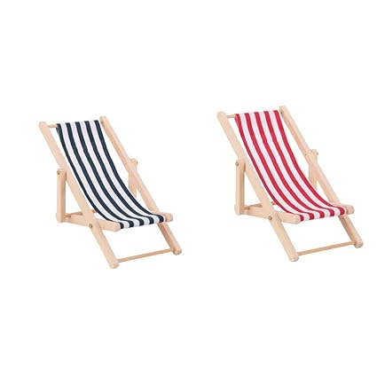 ButyYI 2 Pieces Miniature Foldable Wooden Beach Chair with Stripe Red/Blue Fit for 1:12 Miniature Dollhouse Decoration