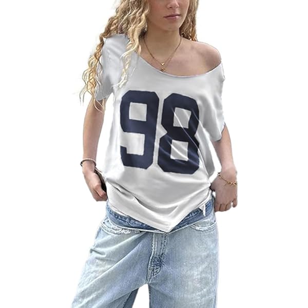 Women's Oversized Jersey Off Shoulder Shirt Crewneck Number